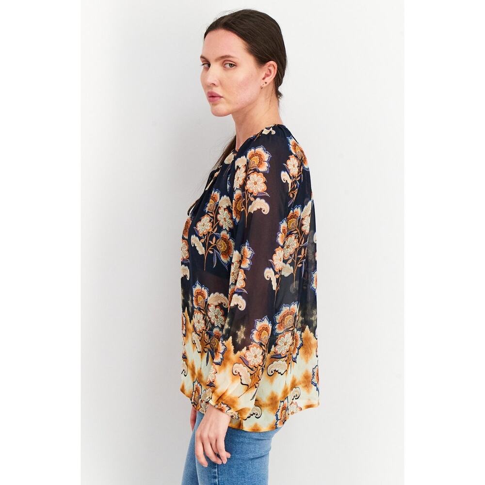 Liverpool Los Angeles Floral Peasant Blouse Navy Multi – Size Large - Picture 2 of 12
